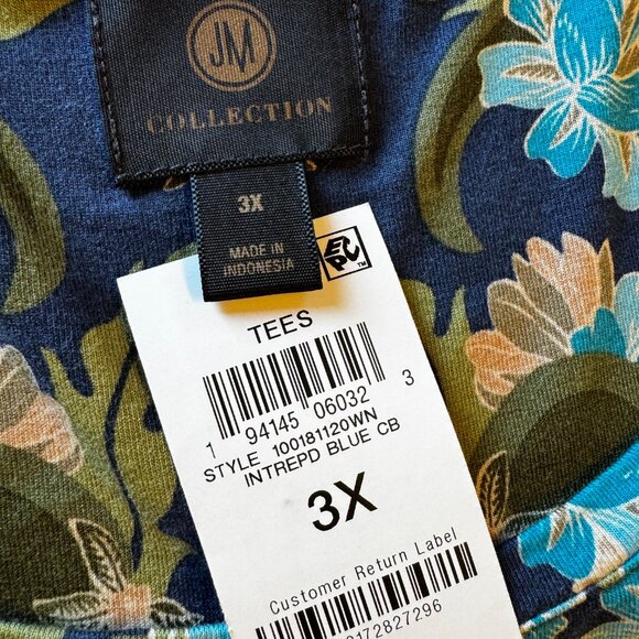 JM Collections Oaklyn Ornate Print Top Womens 3X Navy Turquoise Floral Silky - Picture 7 of 9